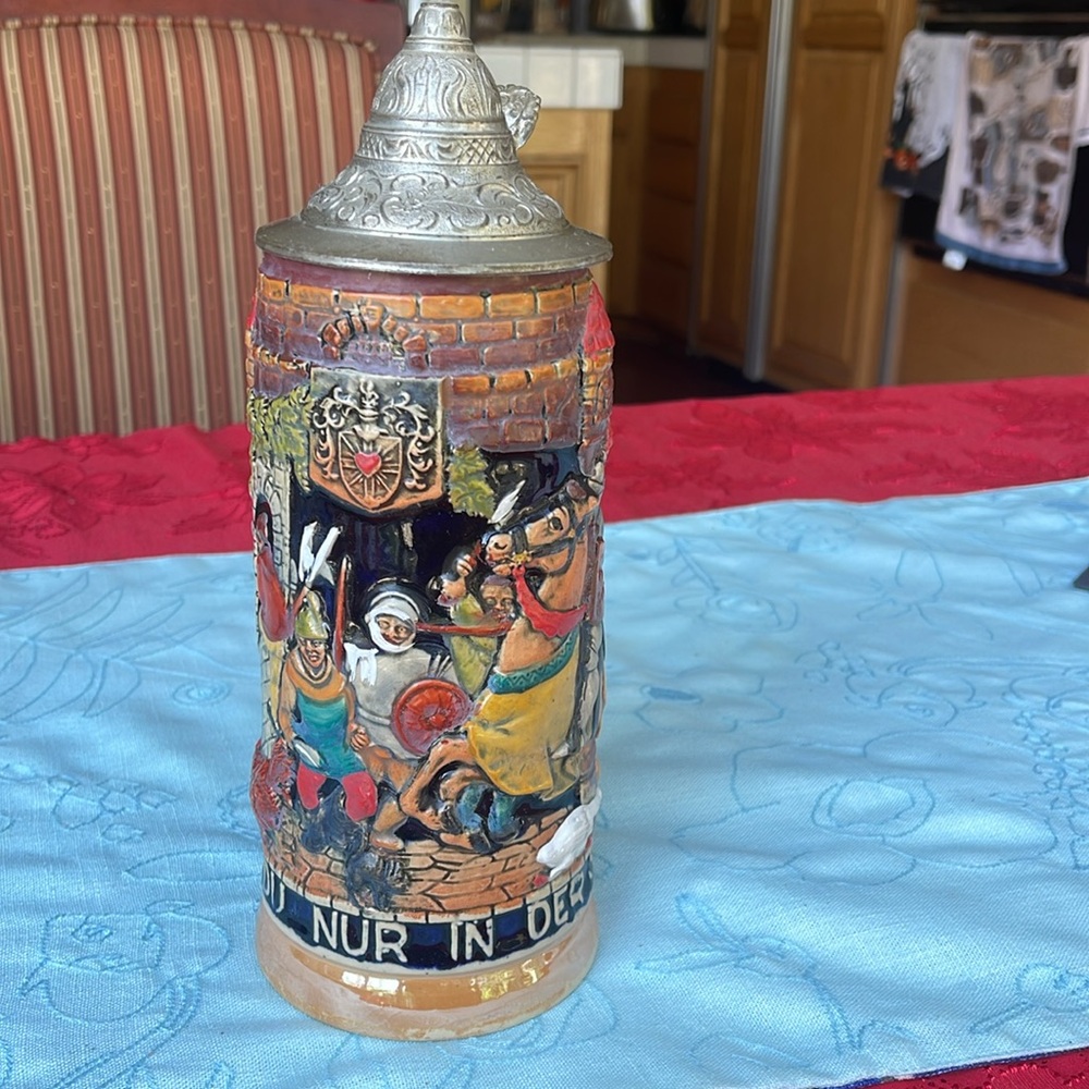 Rare Vintage castle tower and Knight on horse German Beer Stein with Pewter Lid